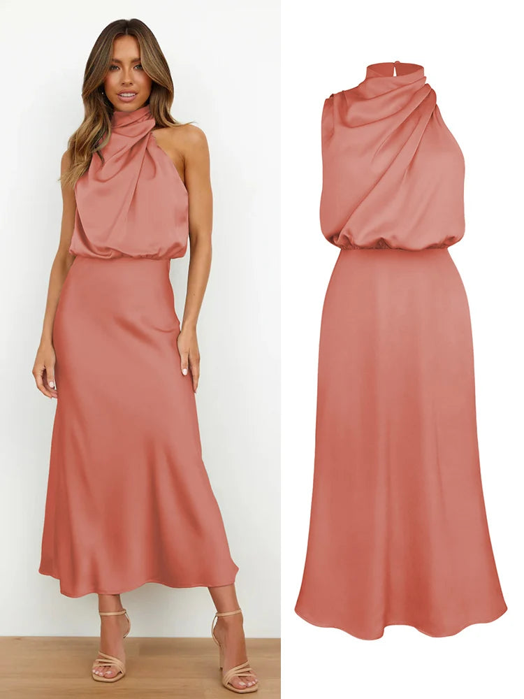 High Neck Satin Maxi Dress Women | Sleeveless Elegant Evening Dress