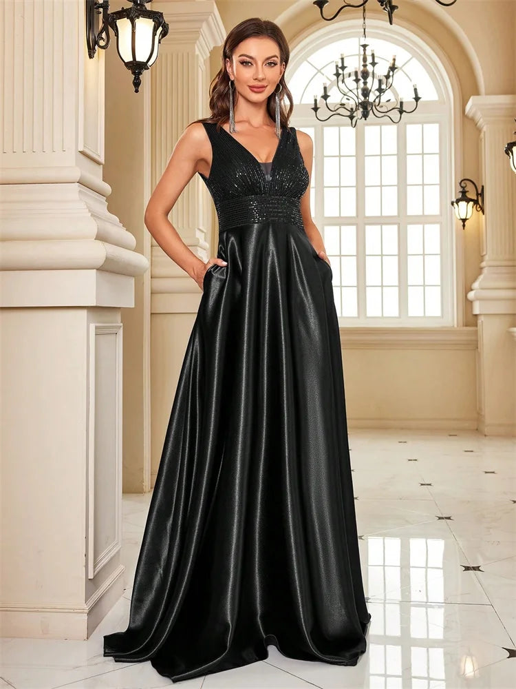 V Neck A Line Maxi Dress Women | Sleeveless Elegant Evening Party Dress