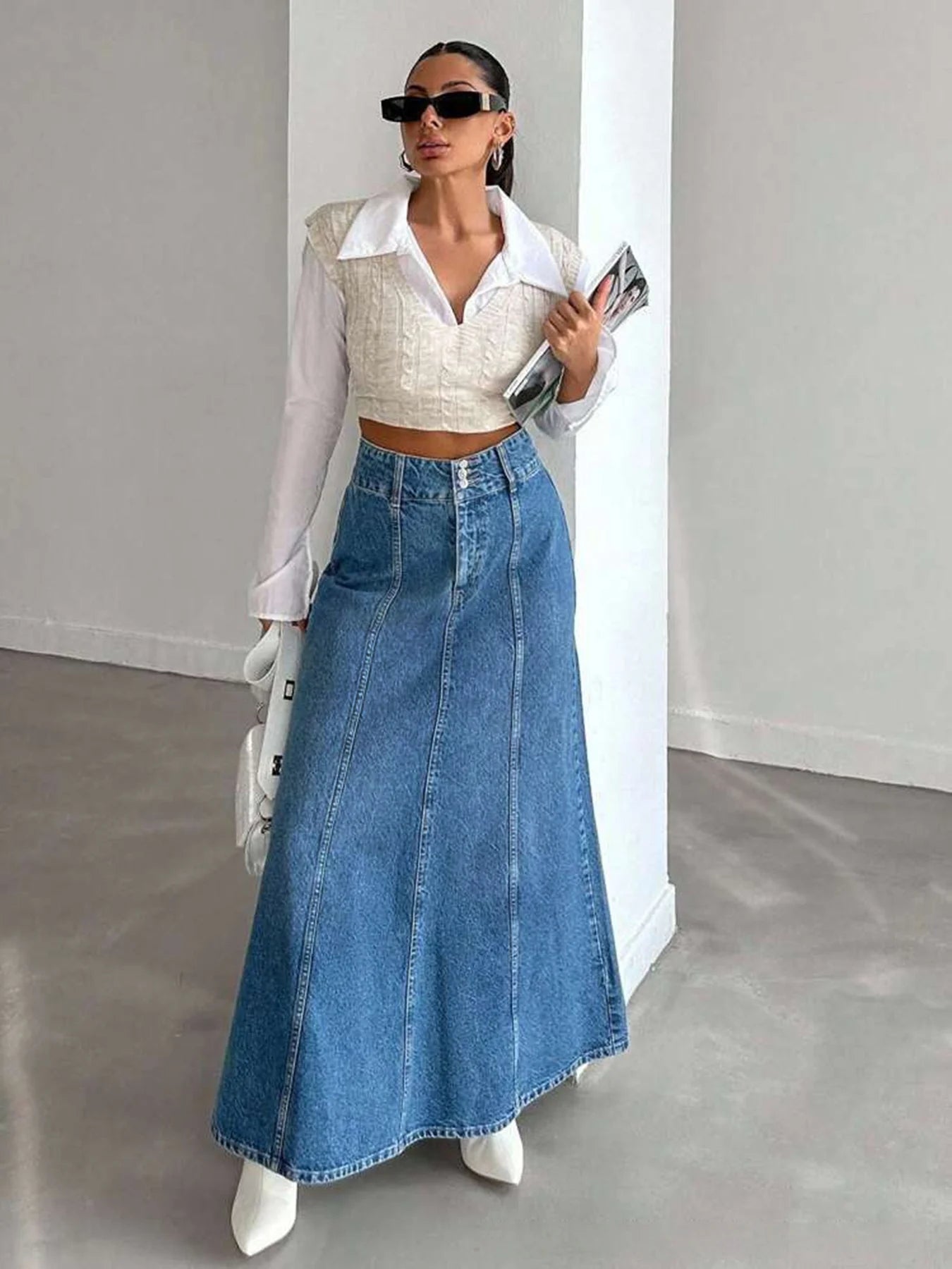 Women High Waist Denim Maxi Skirt Vintage A Line Long Jeans Skirt