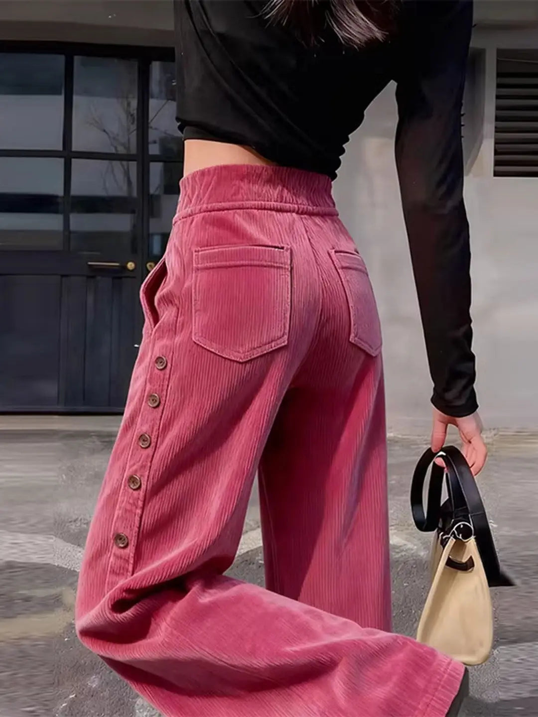 Women Wide Leg Corduroy Pants High Waist Vintage Button Detail Trousers
