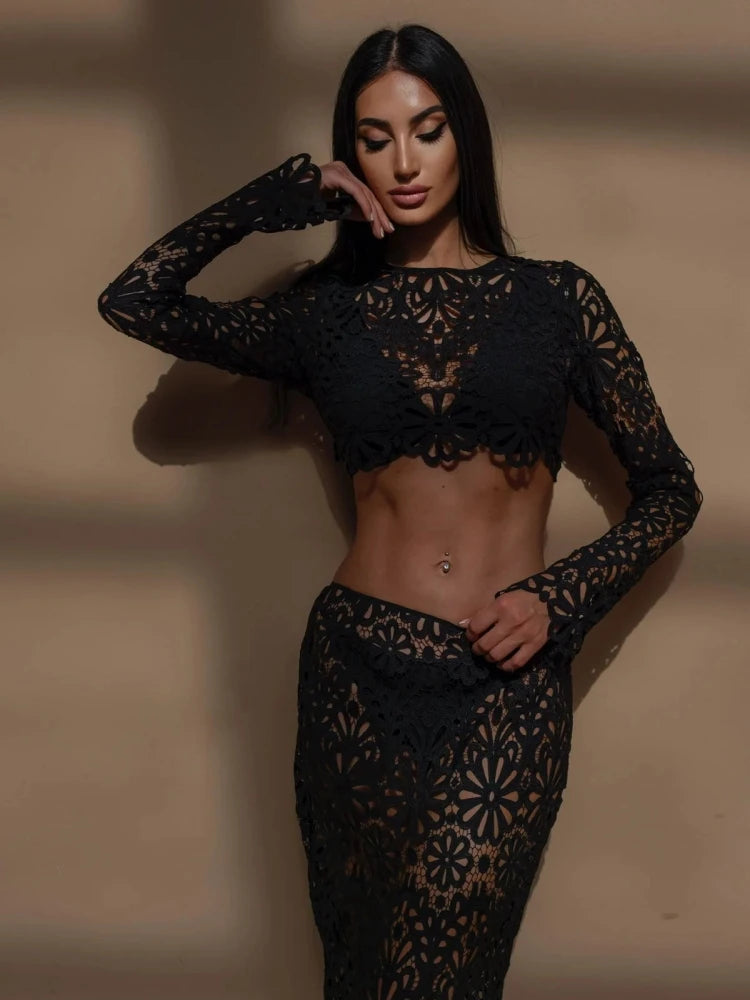 Women's Floral Lace Crop Top & Midi Skirt Co-Ord Set | Elegant Occasion Two Piece Outfit