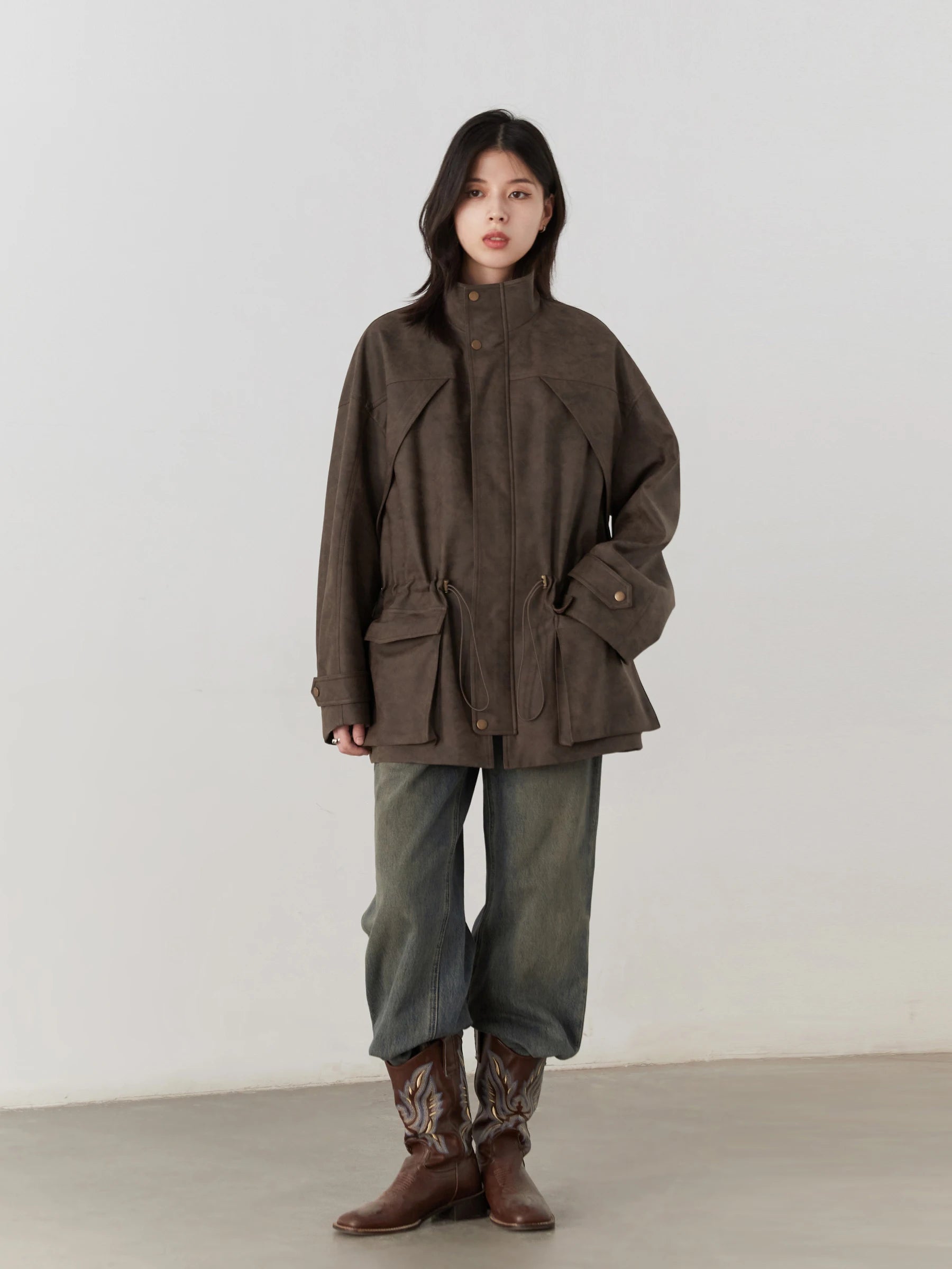 Women’s Brown Oversized Utility Jacket | Vintage Drawstring Safari Coat with Stand Collar for Casual, Travel & Fall Streetwear