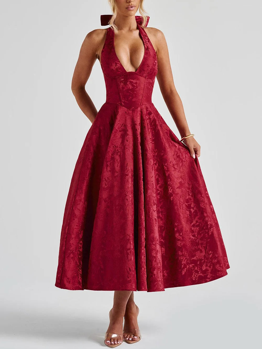 Halter Neck A Line Midi Dress Women | Elegant Party Occasion