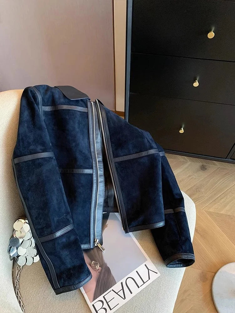 Women’s Navy Blue Faux Suede Moto Jacket | Zip-Up Cropped Biker Jacket with Faux Leather Trim for Casual, Streetwear & Fall Fashion