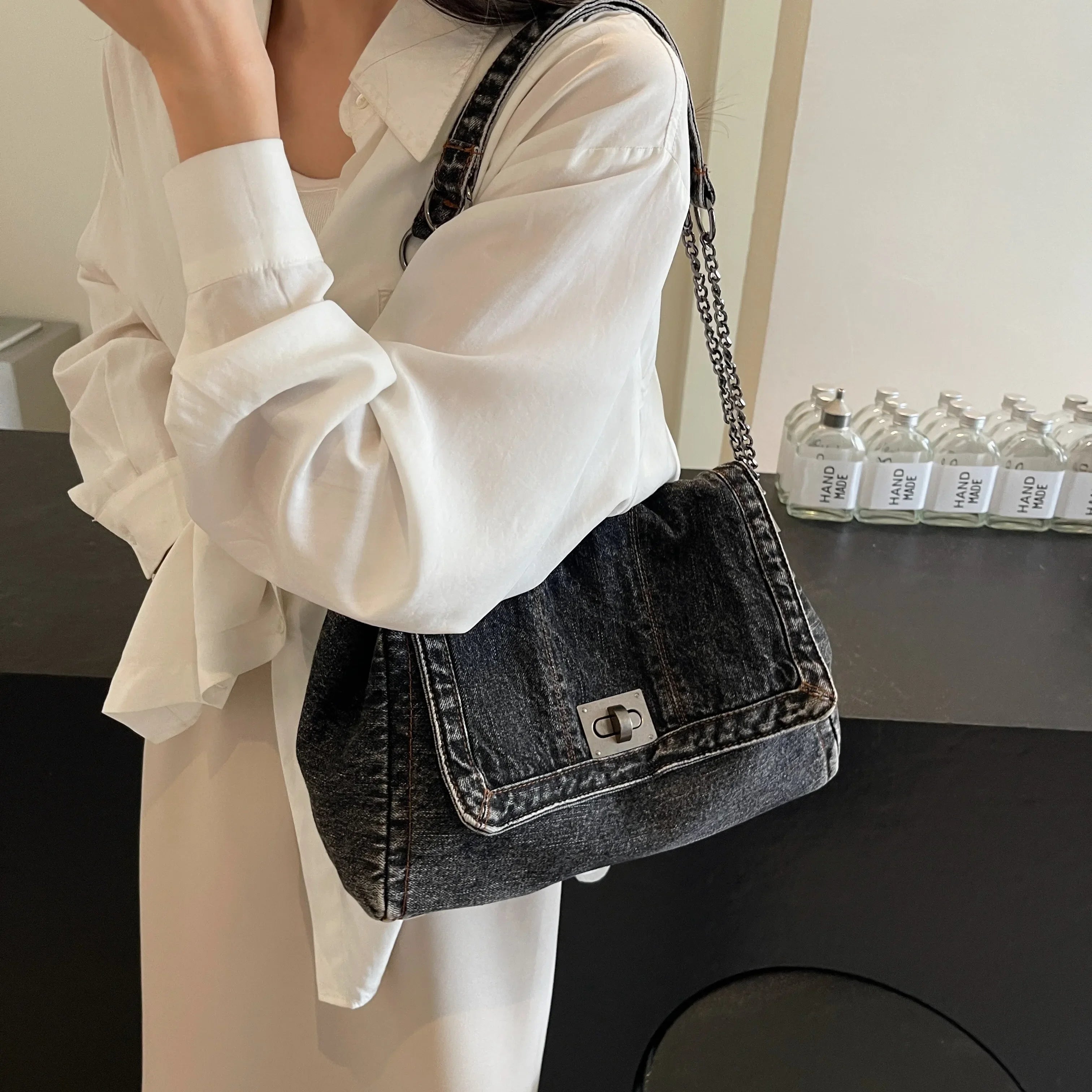 Denim Shoulder Bag for Women | Trendy Chain Handbag | Casual Y2K Hobo Purse | Fashion Everyday Tote