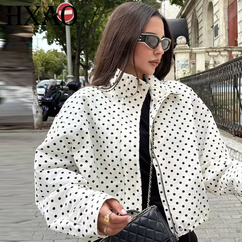Polka Dot Puffer Jacket | Oversized Quilted Zip Up Coat