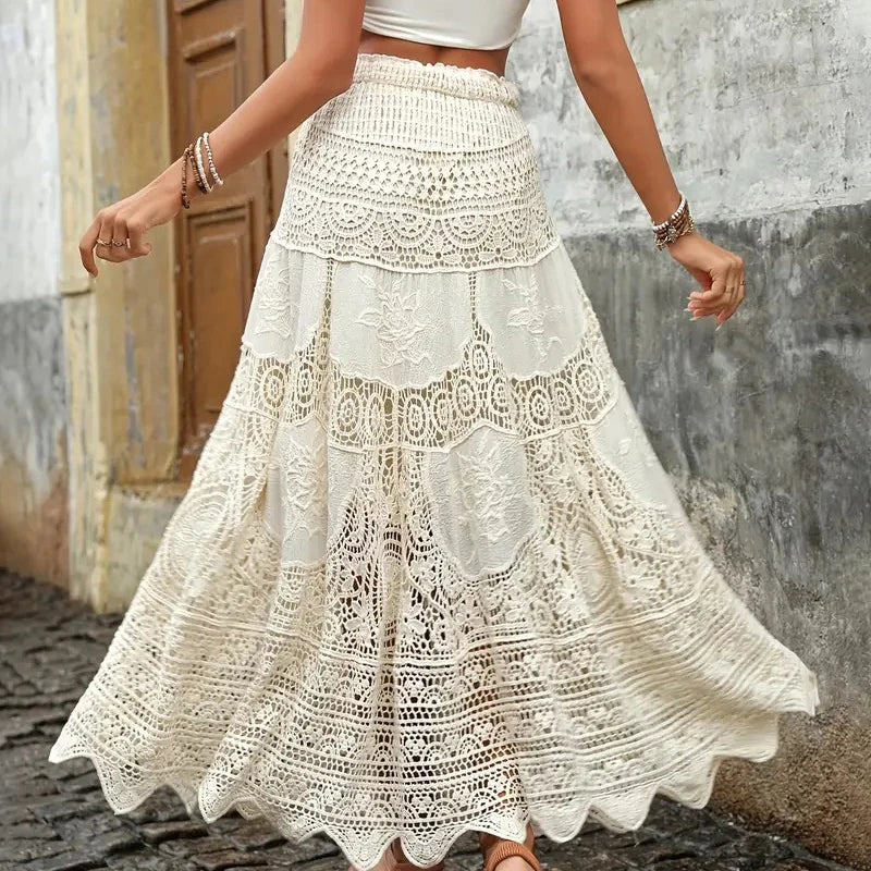 Women Boho Crochet Lace Maxi Skirt Vintage Floral Hollow Out Beachwear Skirt