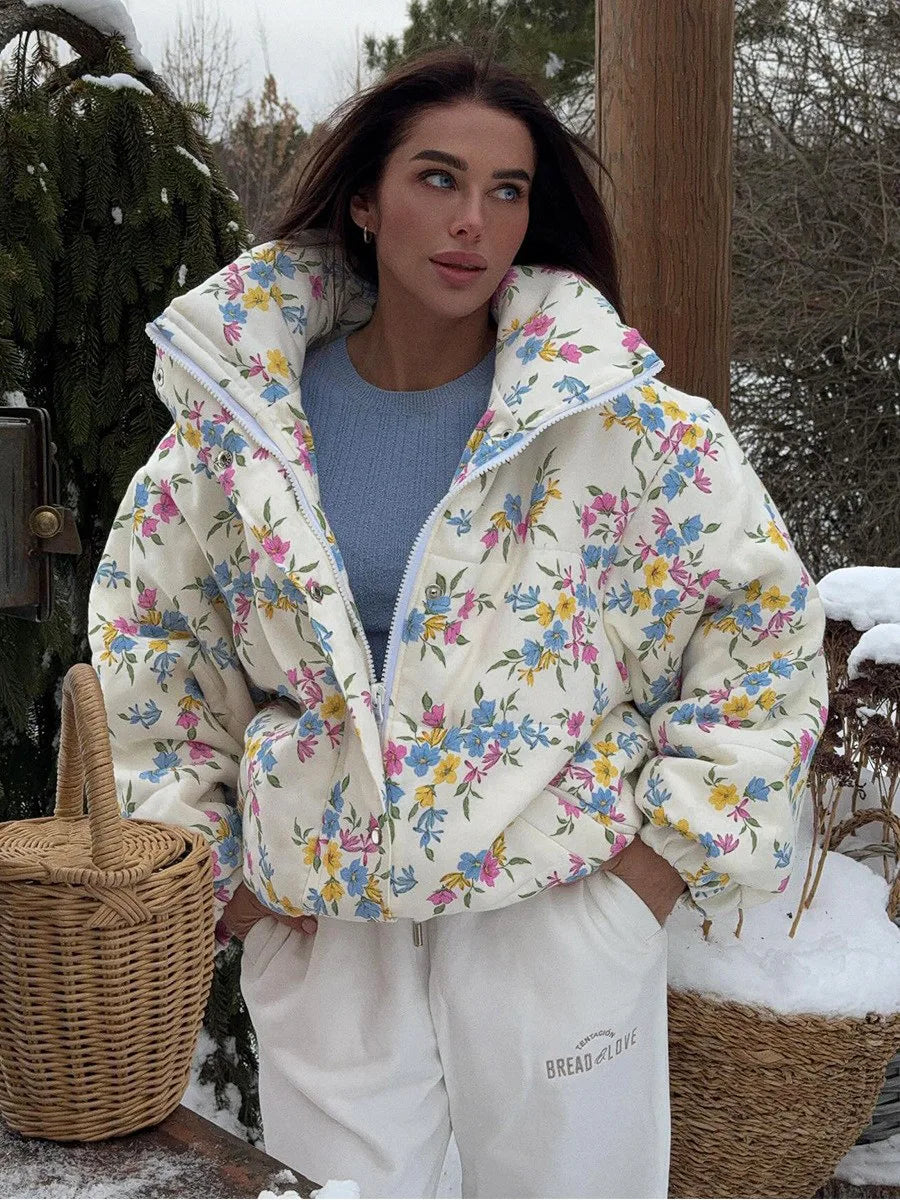 Women’s Floral Oversized Puffer Jacket | Cottagecore Winter Puff Coat with High Neck