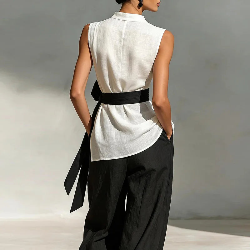 Women's Sleeveless High Neck Tunic & Wide Leg Trousers Co-Ord Set | Elegant Contemporary Two Piece Outfit