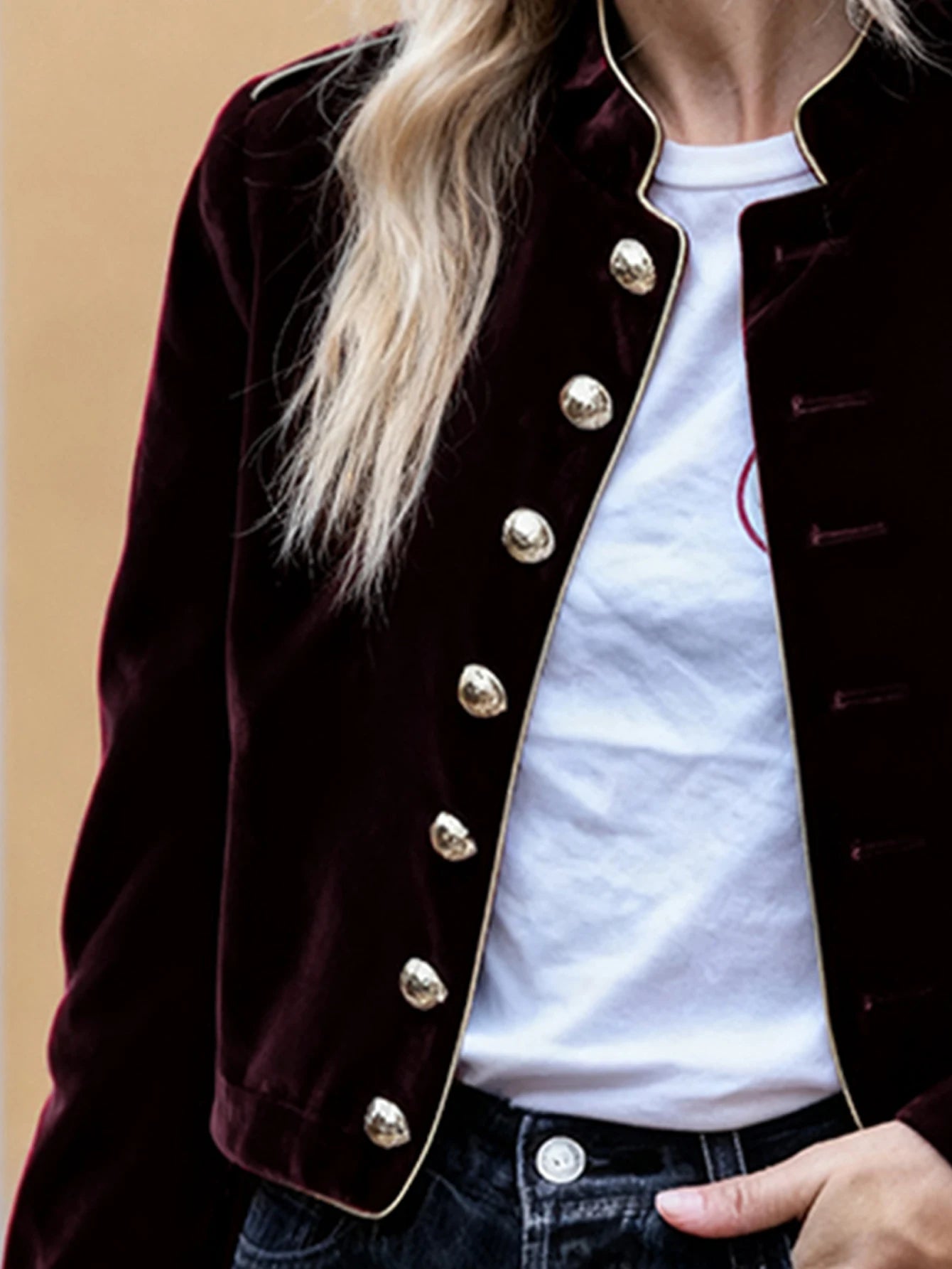 Women’s Velvet Military Jacket | Elegant Cropped Button Blazer Coat