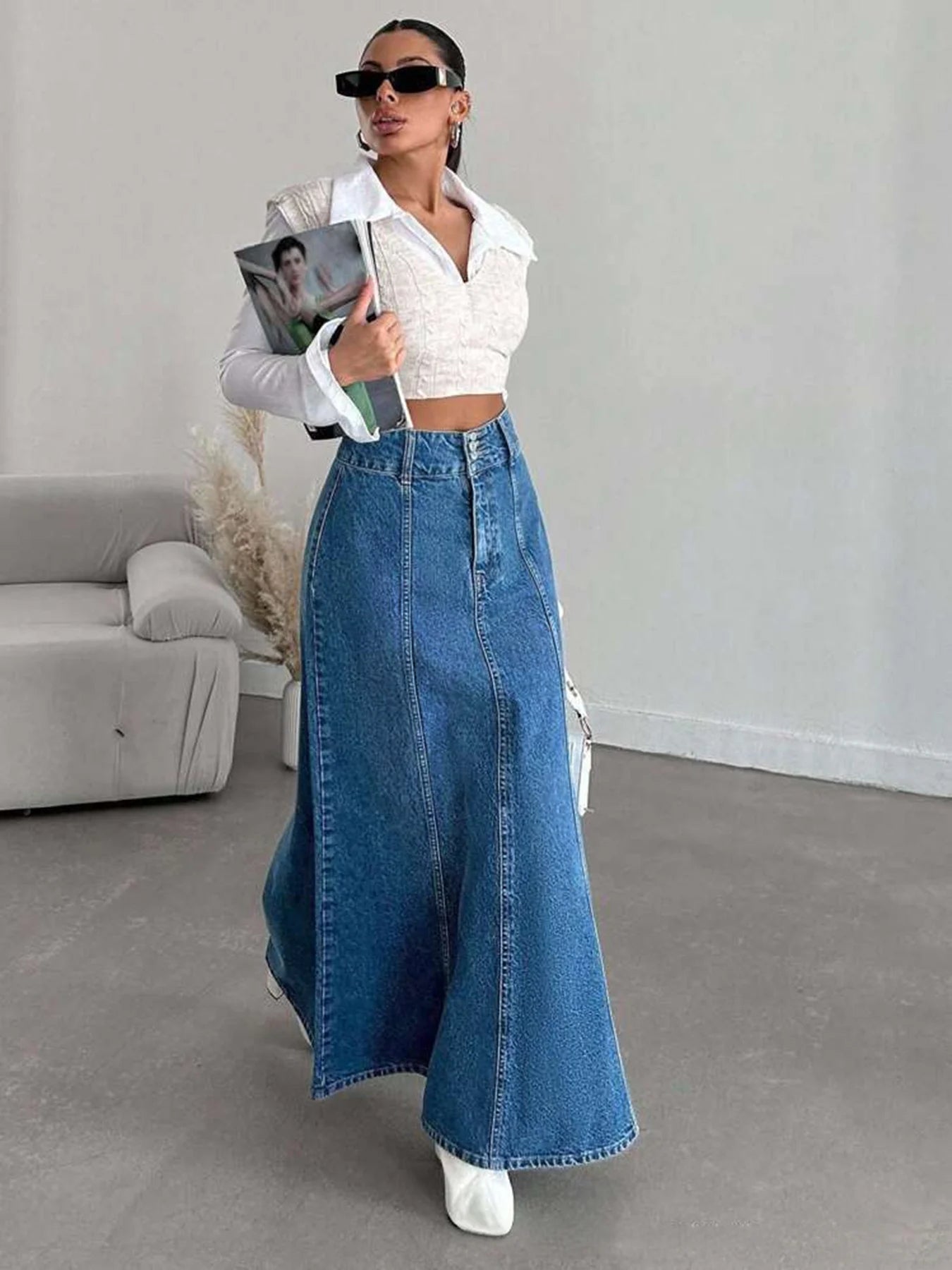 Women High Waist Denim Maxi Skirt Vintage A Line Long Jeans Skirt