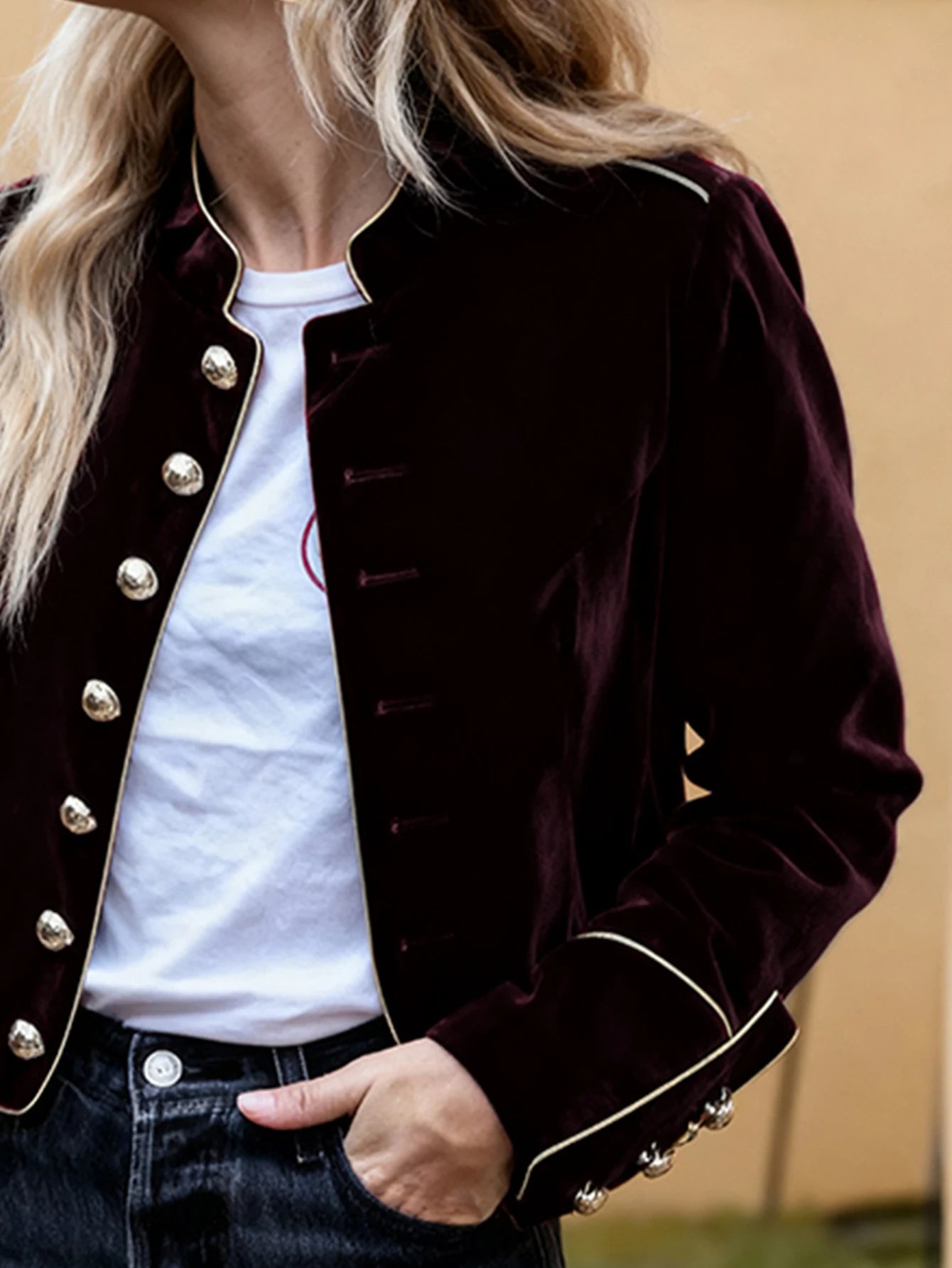 Women’s Velvet Military Jacket | Elegant Cropped Button Blazer Coat