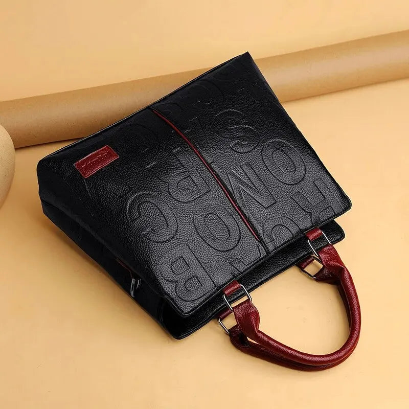 Black Embossed Top Handle Handbag for Women | Elegant Structured Crossbody Satchel Purse | Luxury Office Shoulder Bag