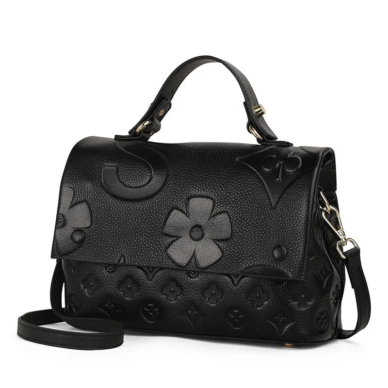 Black Embossed Floral Satchel Handbag for Women | Luxury Top Handle Crossbody Purse | Elegant Designer Shoulder Bag