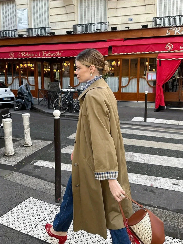 Women’s Classic Beige Trench Coat | Minimalist Long Button Front Overcoat Jacke