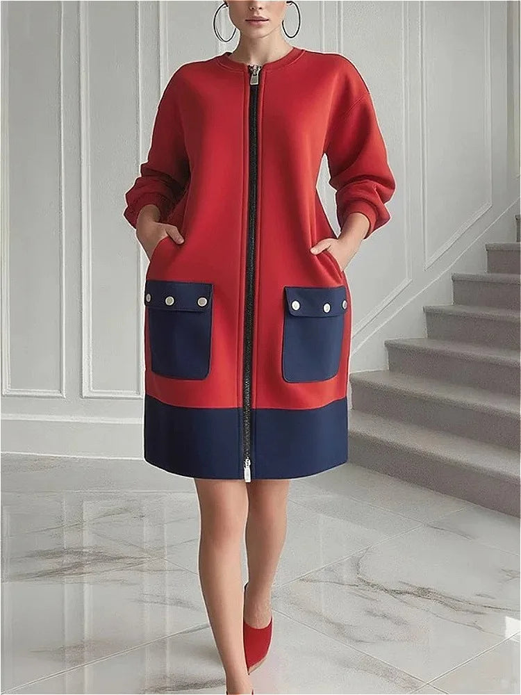 Women’s Red Zip Front Coat Dress | Color Block Long Sleeve Casual Chic Jacket Dress
