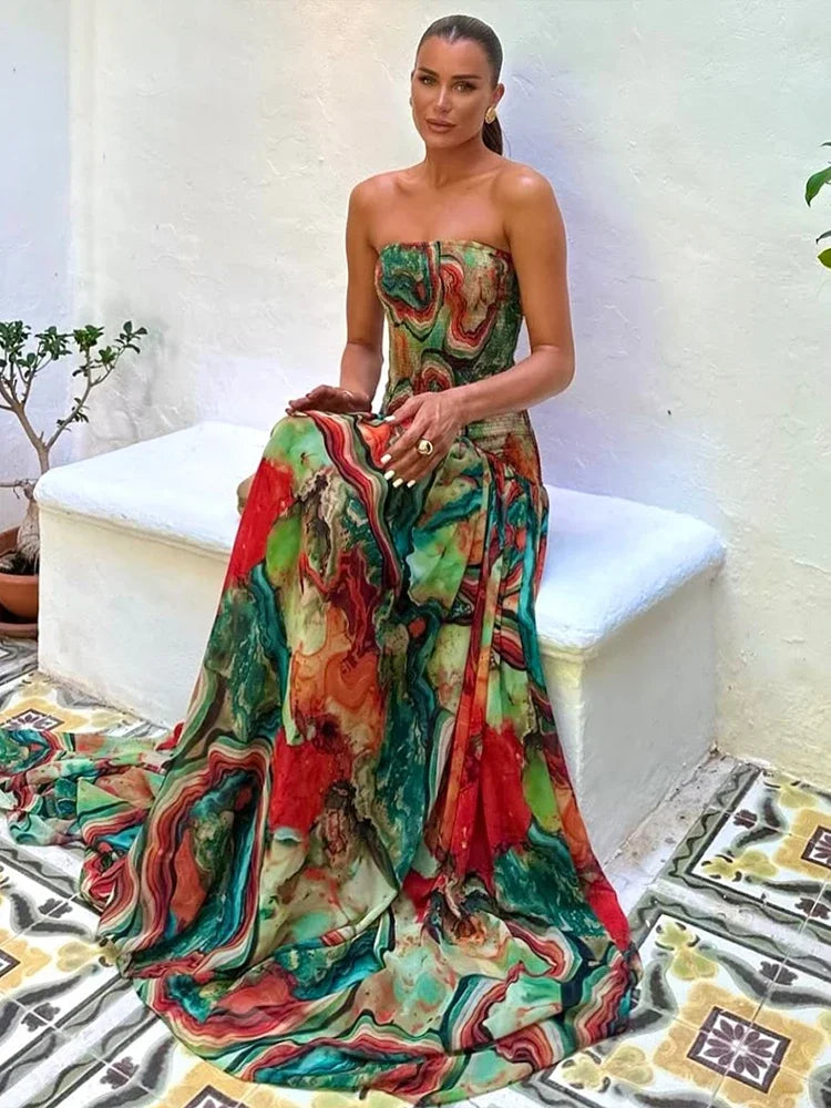 Women’s Strapless Abstract Print Maxi Dress | Bohemian Smocked Resort Gown for Vacations, Beach Weddings & Summer Events
