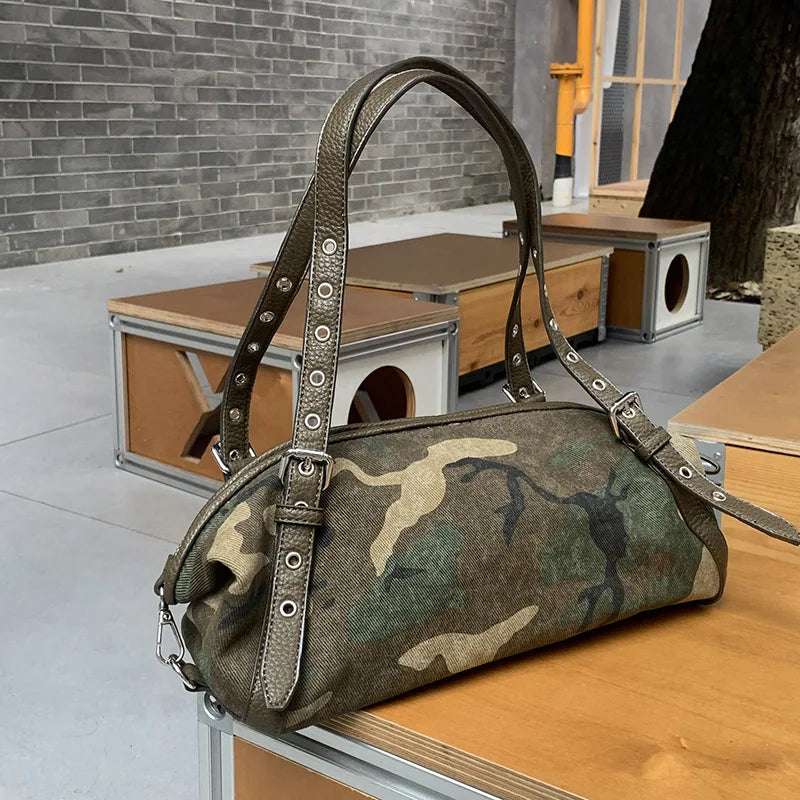 Camouflage Shoulder Bag for Women | Casual Canvas Handbag | Trendy Y2K Baguette Purse | Everyday Street Style Bag