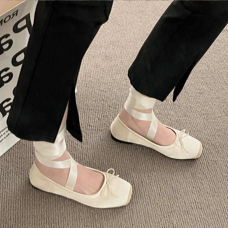 Women’s Ballet Wrap Flats – Square Toe Lace-Up Shoes for Casual, Dance-Inspired & Everyday Wear