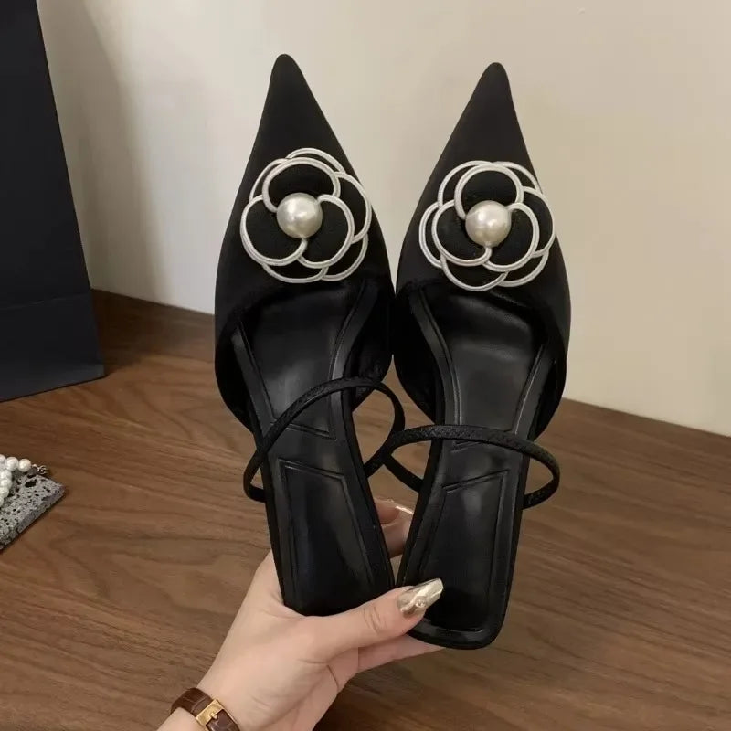 Women’s Pointed Toe Designer | Elegant Pearl Detail Slip-On Sandals for Party & Occasion Wear