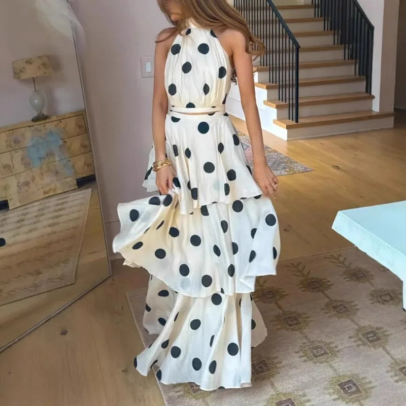 Women's Polka Dot Halter Crop Top & Tiered Maxi Skirt Co-Ord Set | Elegant Two Piece Occasion Outfit