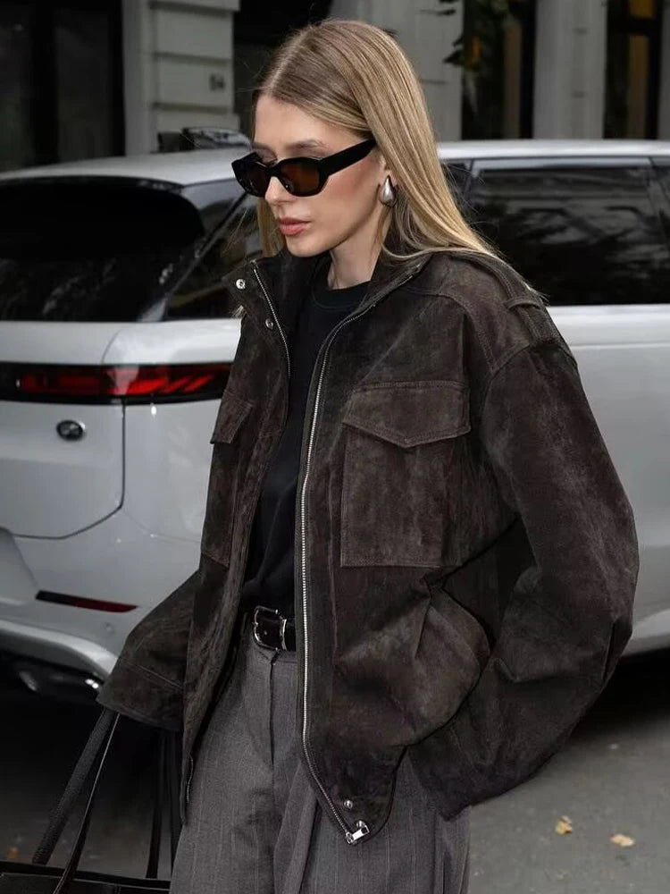 Women’s Oversized Utility Jacket | Vintage Washed Zip Up Streetwear Coat