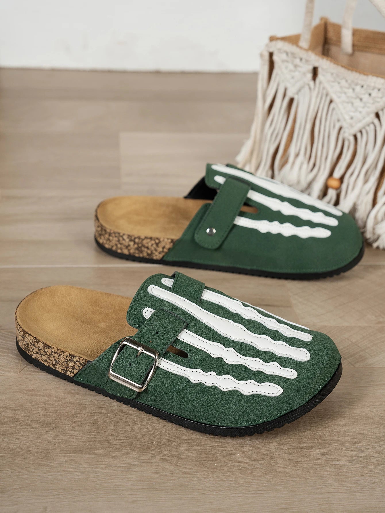 Women’s orthopaedic Skeleton Print Slide Sandals – Casual Double Buckle Cork Footbed Slippers for Everyday & Summer Wear