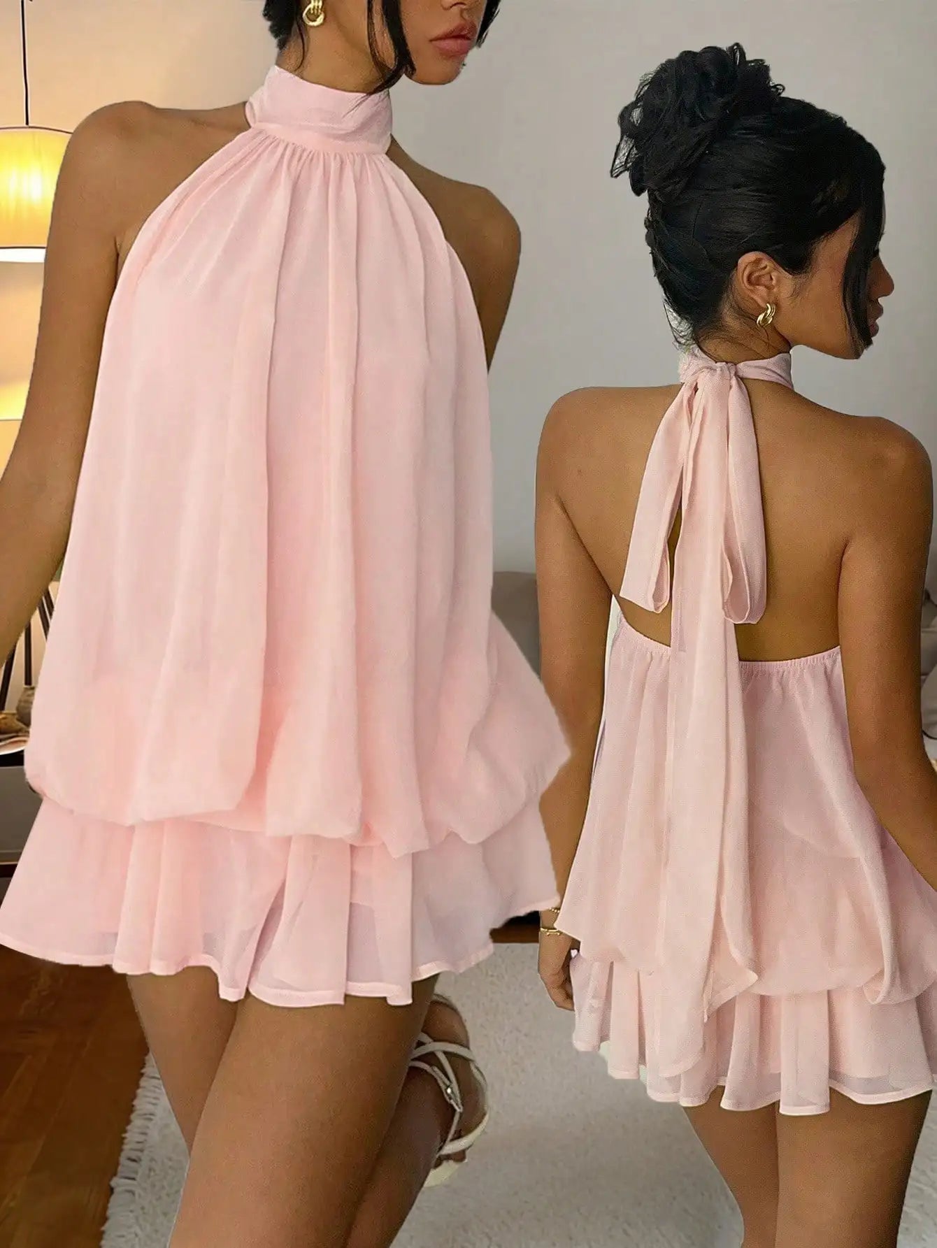 Women’s Blush Pink Halter Neck Chiffon Mini Dress | Flowy Layered A-Line Cocktail Dress for Parties, Date Nights & Summer Events