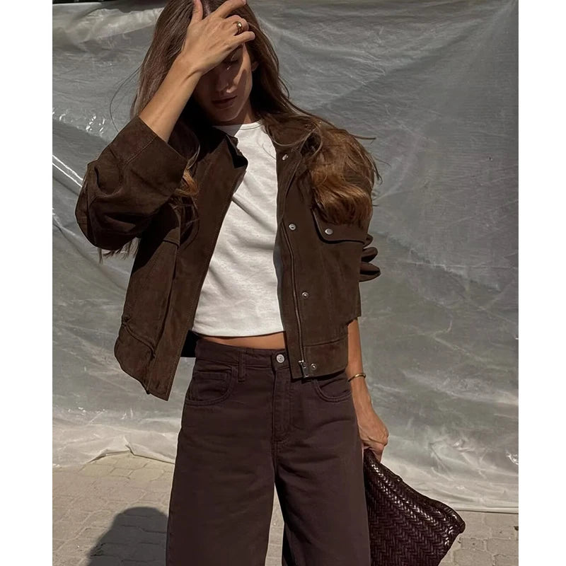 Brown Faux Leather Bomber Jacket | Vintage Cropped Jacket