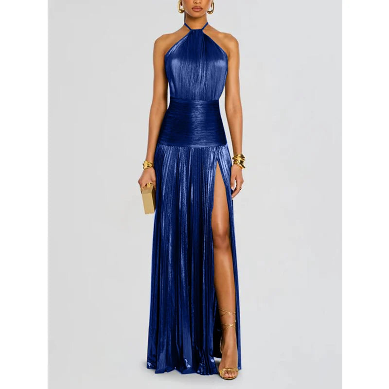 Halter Neck Pleated Maxi Dress Women | High Split Evening Party Dress