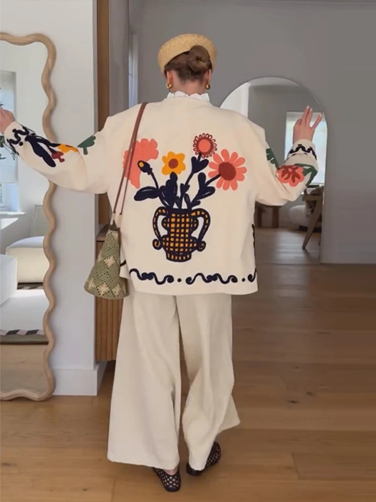 Women’s Abstract Embroidered Wool Blend Jacket | Artistic Cream Statement Coat for Women