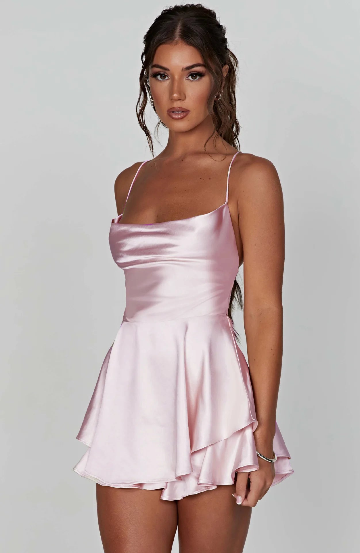 Satin Mini Dress Women | Spaghetti Strap Cowl Neck Flare Dress