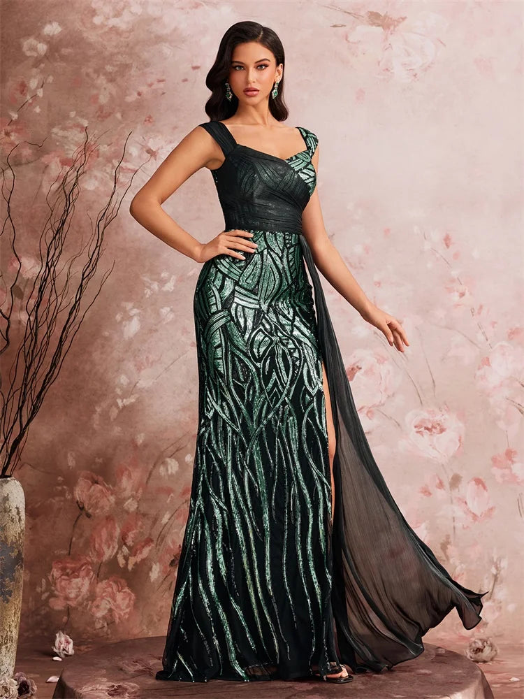 Women’s Emerald Green Sequin Mermaid Evening Gown | One Shoulder Formal Dress with High Slit & Chiffon Drape for Prom, Galas & Weddings
