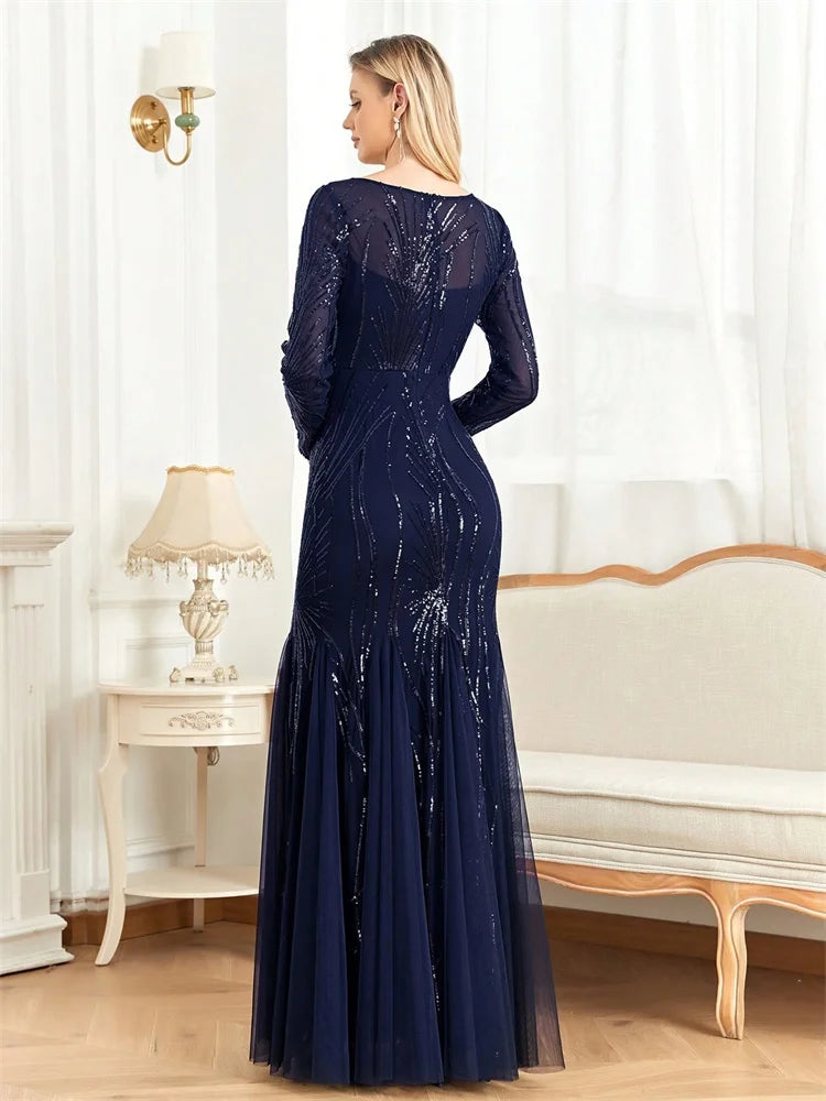 Women’s Navy Blue Sequin Mermaid Evening Gown | Long Sleeve Illusion Neck Formal Maxi Dress for Galas, Weddings & Black Tie Events