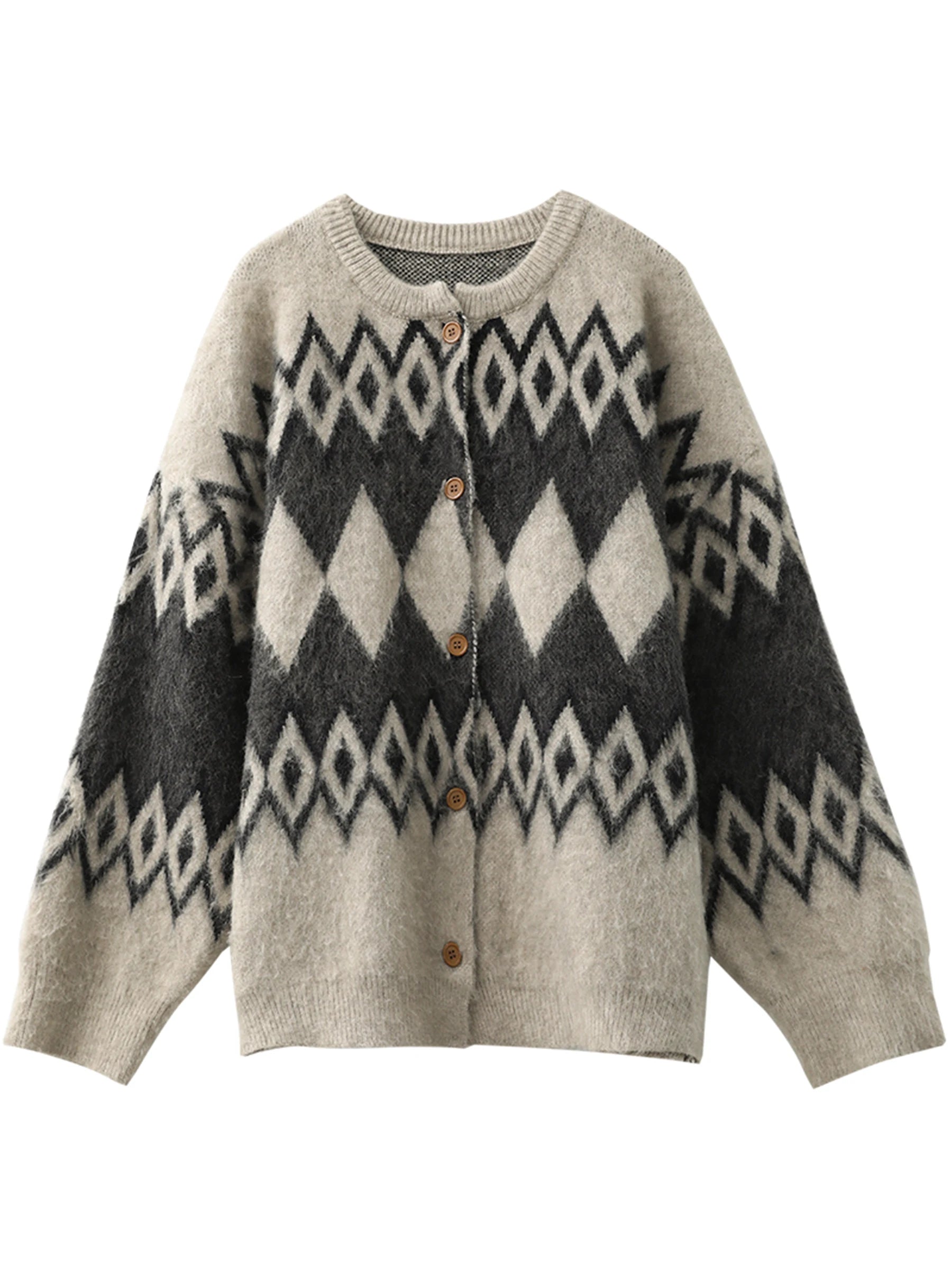 Women’s Oversized Argyle Knit Cardigan | Vintage Geometric Pattern Button-Up Cozy Sweater Jacket