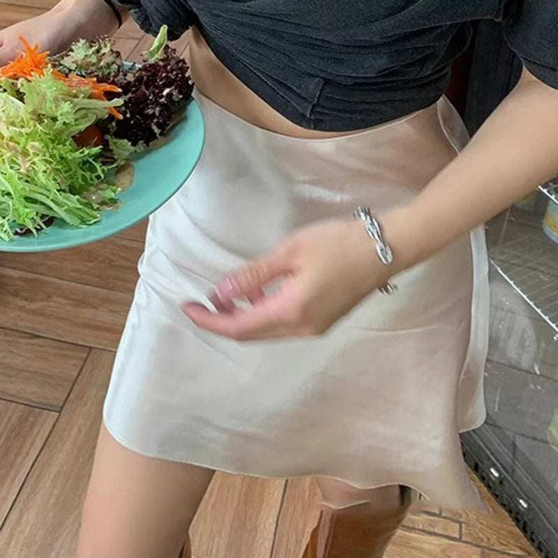 Women Satin Mini Skirt High Waist Silk Look Slip Skirt Casual Chic Skirt