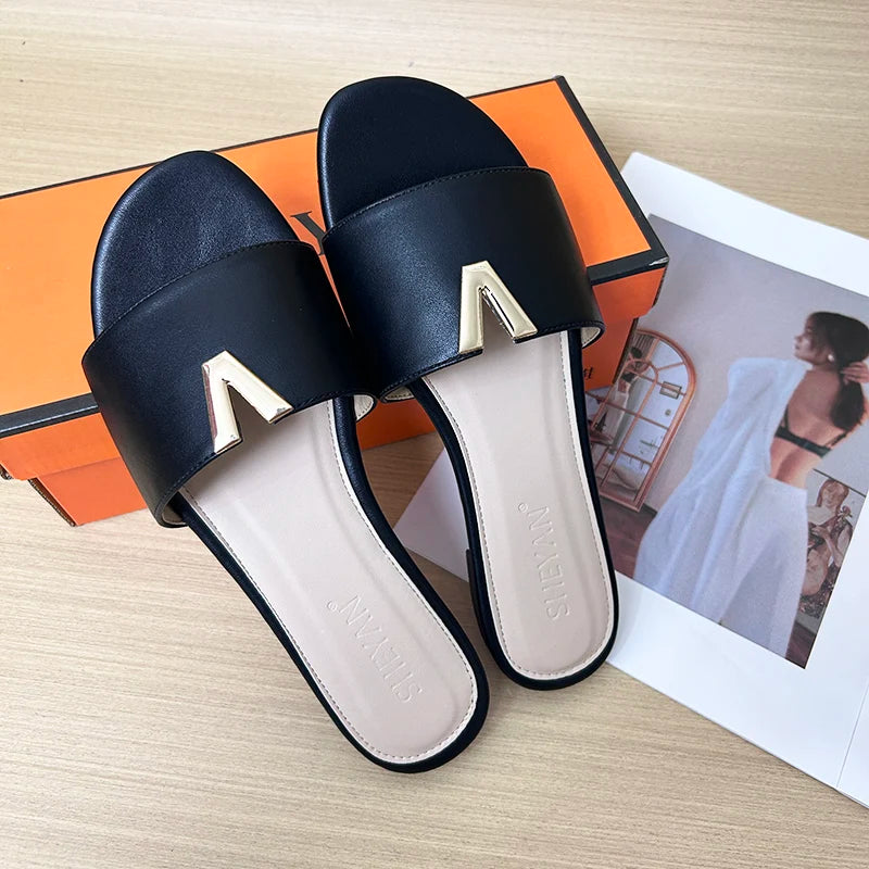 Women’s Minimalist V Metal Slide Sandals – Elegant Flat Slip-On Summer Slides for Casual, Vacation & Everyday Wear