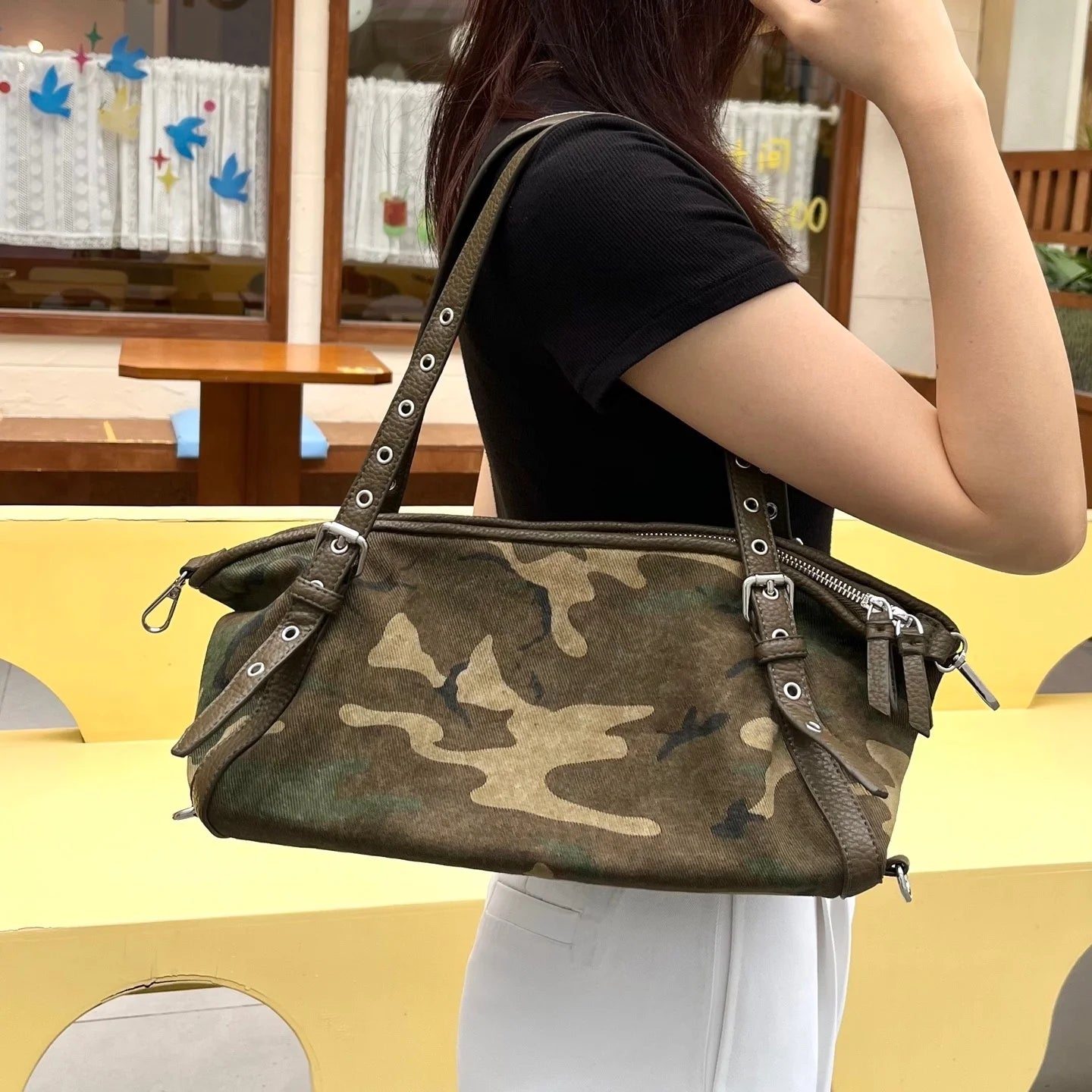 Camouflage Shoulder Bag for Women | Casual Canvas Handbag | Trendy Y2K Baguette Purse | Everyday Street Style Bag
