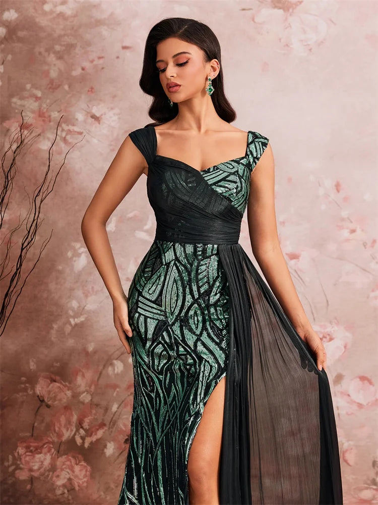 Women’s Emerald Green Sequin Mermaid Evening Gown | One Shoulder Formal Dress with High Slit & Chiffon Drape for Prom, Galas & Weddings