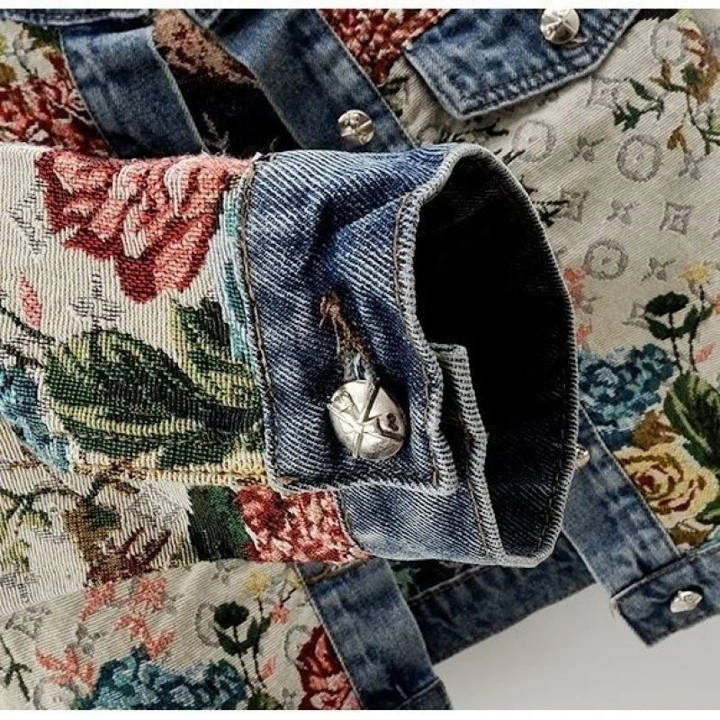Women’s Floral Tapestry Denim Jacket | Vintage Embroidered Boho Cropped Statement Coat