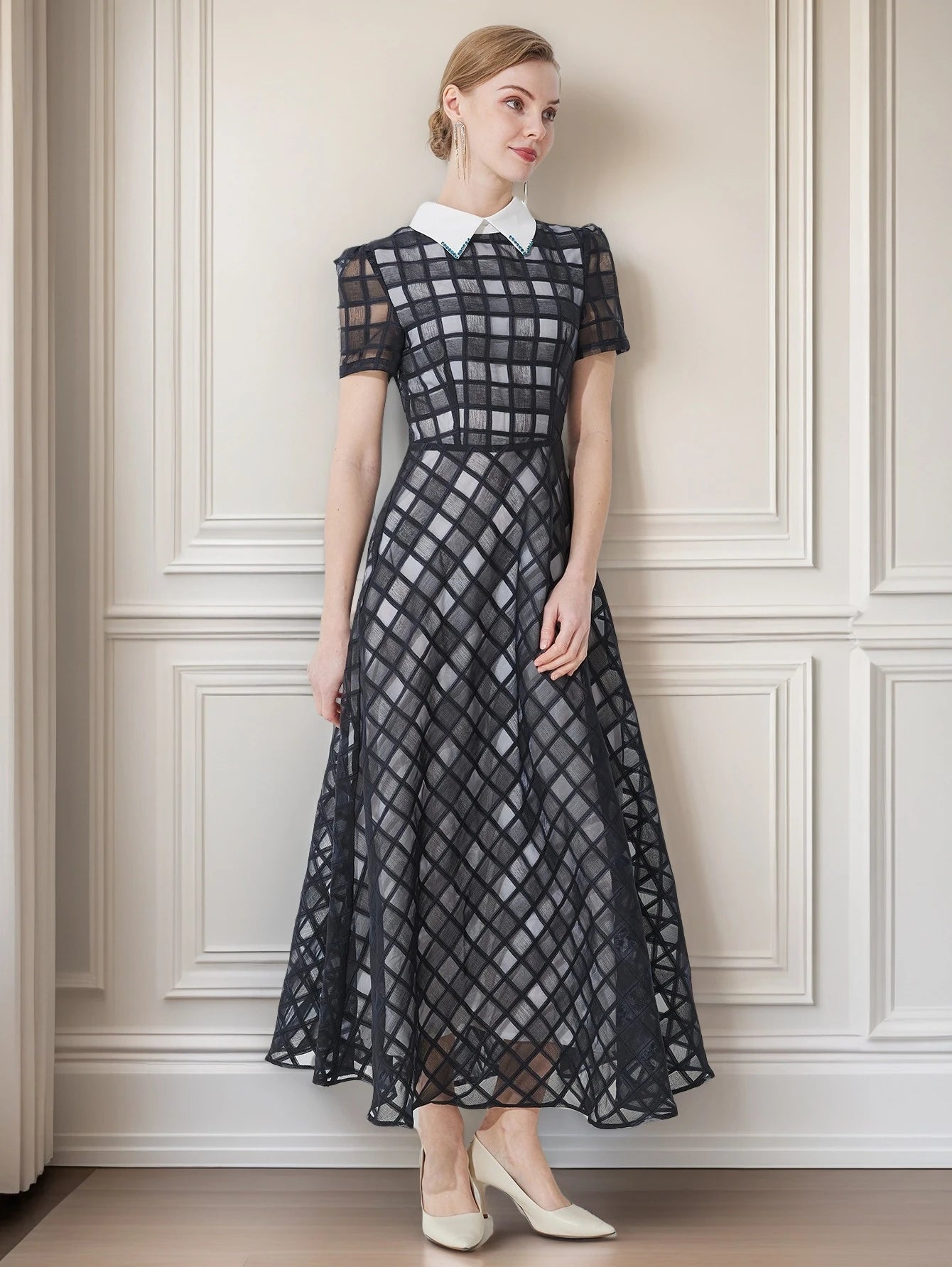 Mesh A Line Midi Dress Women | Short Sleeve Collared Elegant Party Dress