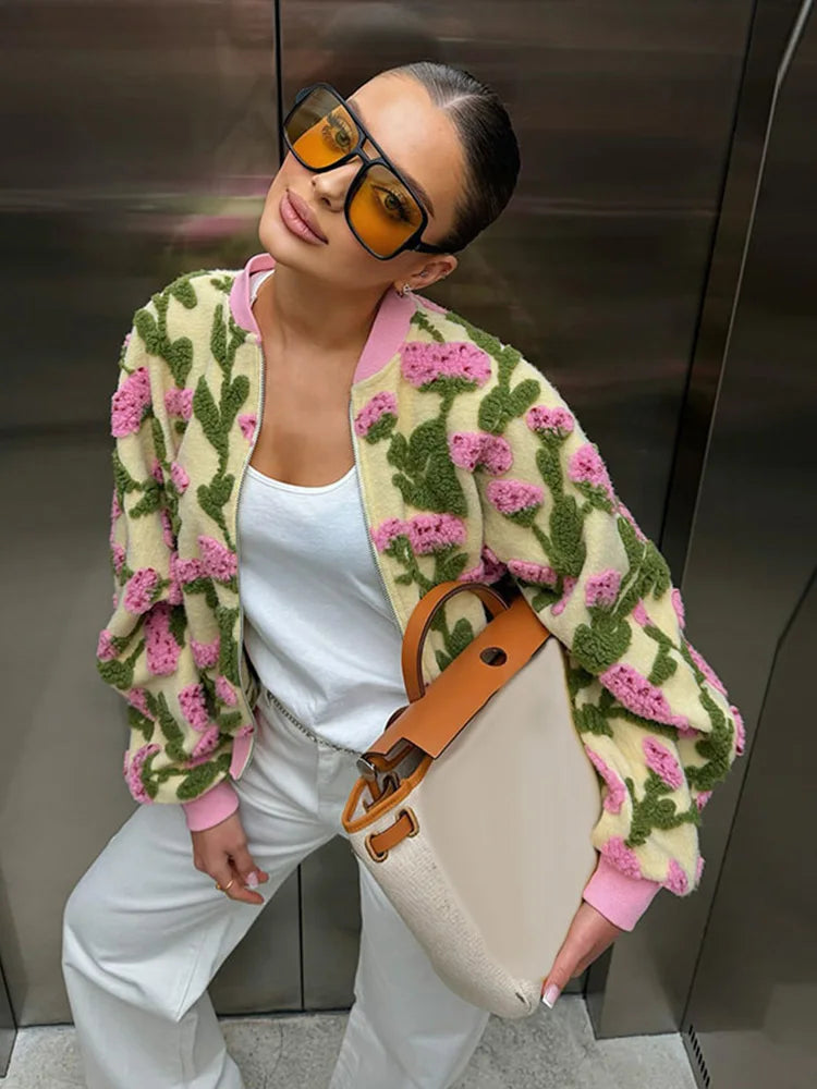 Women’s Floral Textured Bomber Jacket | Oversized Cozy Teddy Zip-Up Statement Coat