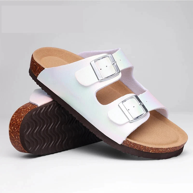 Women’s Double Buckle Slide Sandals – Comfortable Cork Footbed Slippers for Casual & Everyday Wear