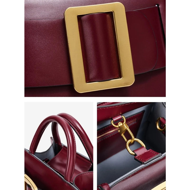 Burgundy Buckle Top Handle Handbag for Women | Luxury Structured Satchel Purse | Elegant Crossbody Shoulder Bag