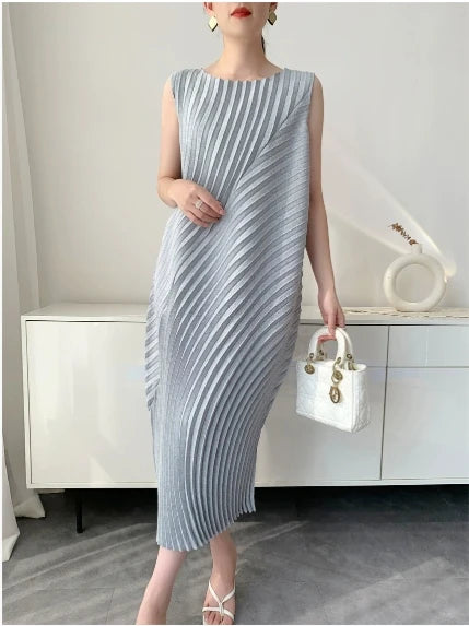 Pleated Midi Dress Women | Sleeveless Loose Fit Elegant Minimalist Dress