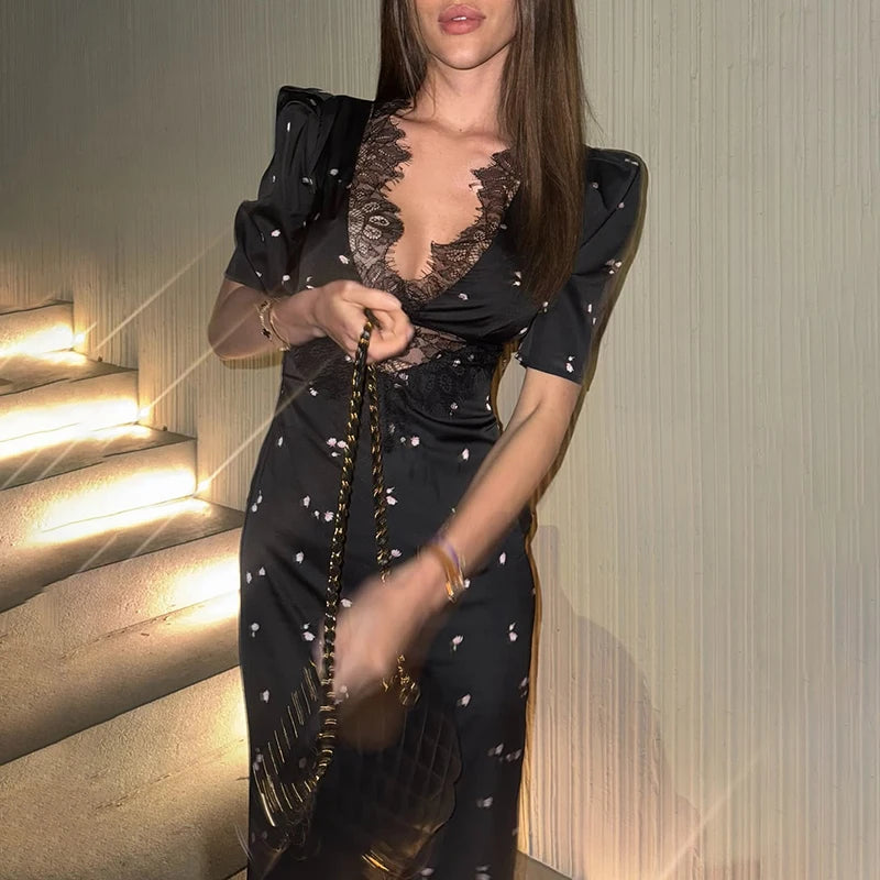 Lace Satin Midi Dress Women | V Neck Elegant Evening Dress with Puff Sleeves