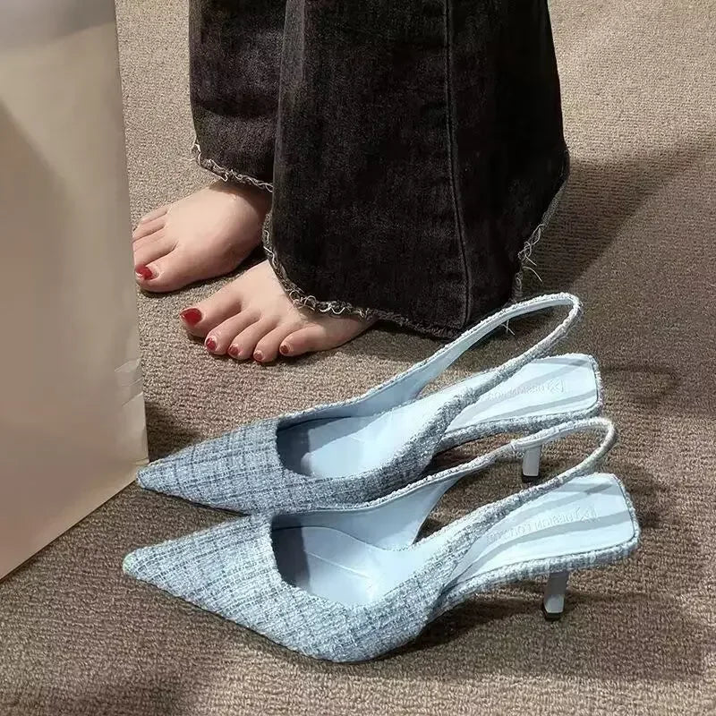 Women’s Tweed Slingback Heels – Elegant Pointed Toe Pumps for Office, Party & Occasion Wear