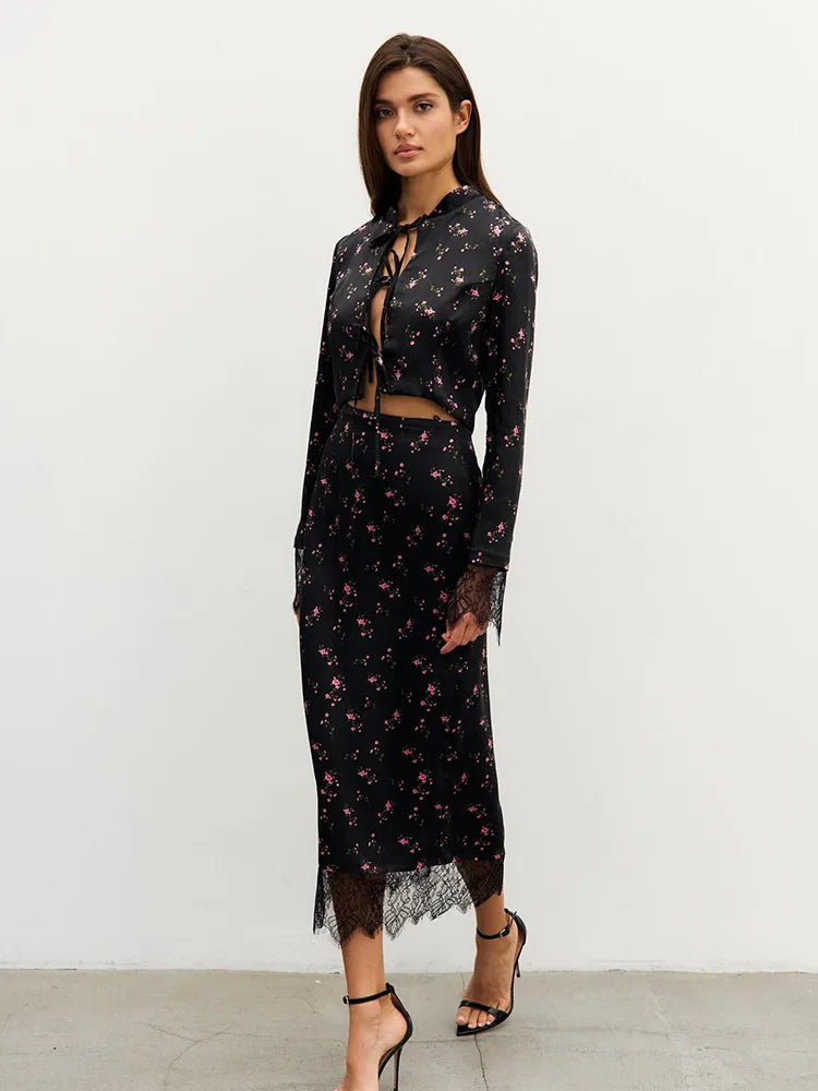 Women's Floral Tie Front Crop Top & Midi Skirt Co-Ord Set | Vintage Inspired Two Piece Outfit