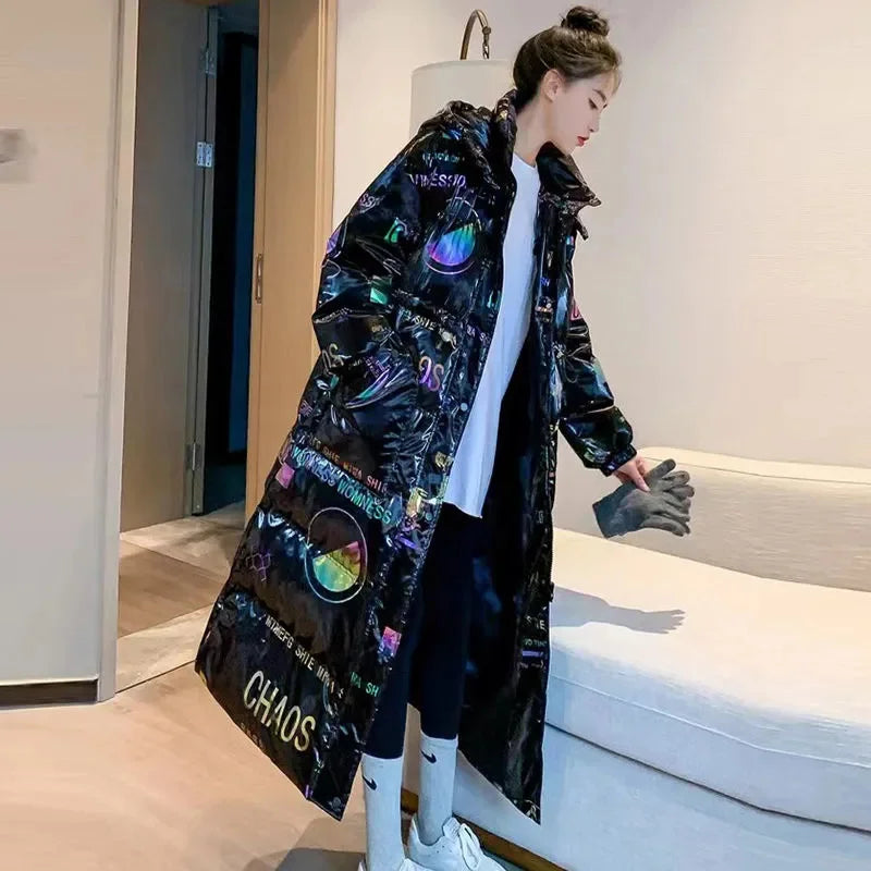 Women’s Black Oversized Graphic Puffer Coat | Long Hooded Quilted Winter Jacket with Streetwear Print for Cold Weather & Casual Wear