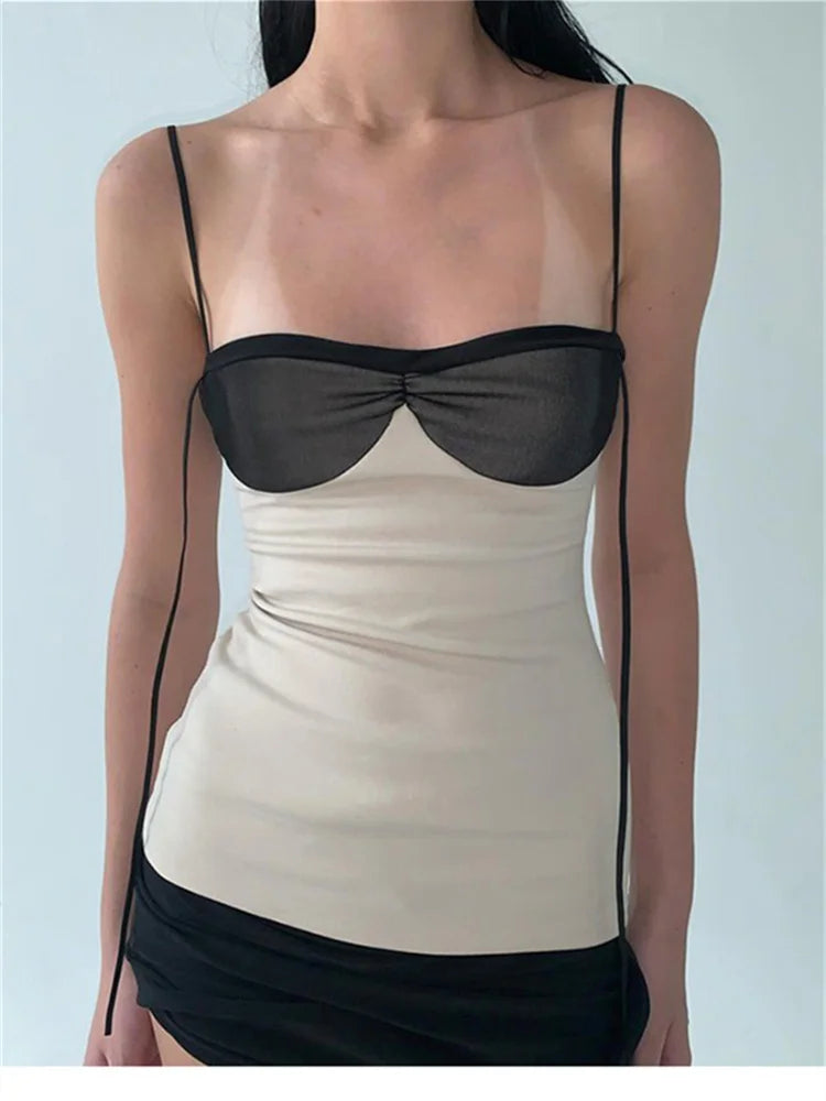Women’s Contrast Trim Bodycon Mini Dress | Beige & Black Spaghetti Strap Party Dress for Date Night